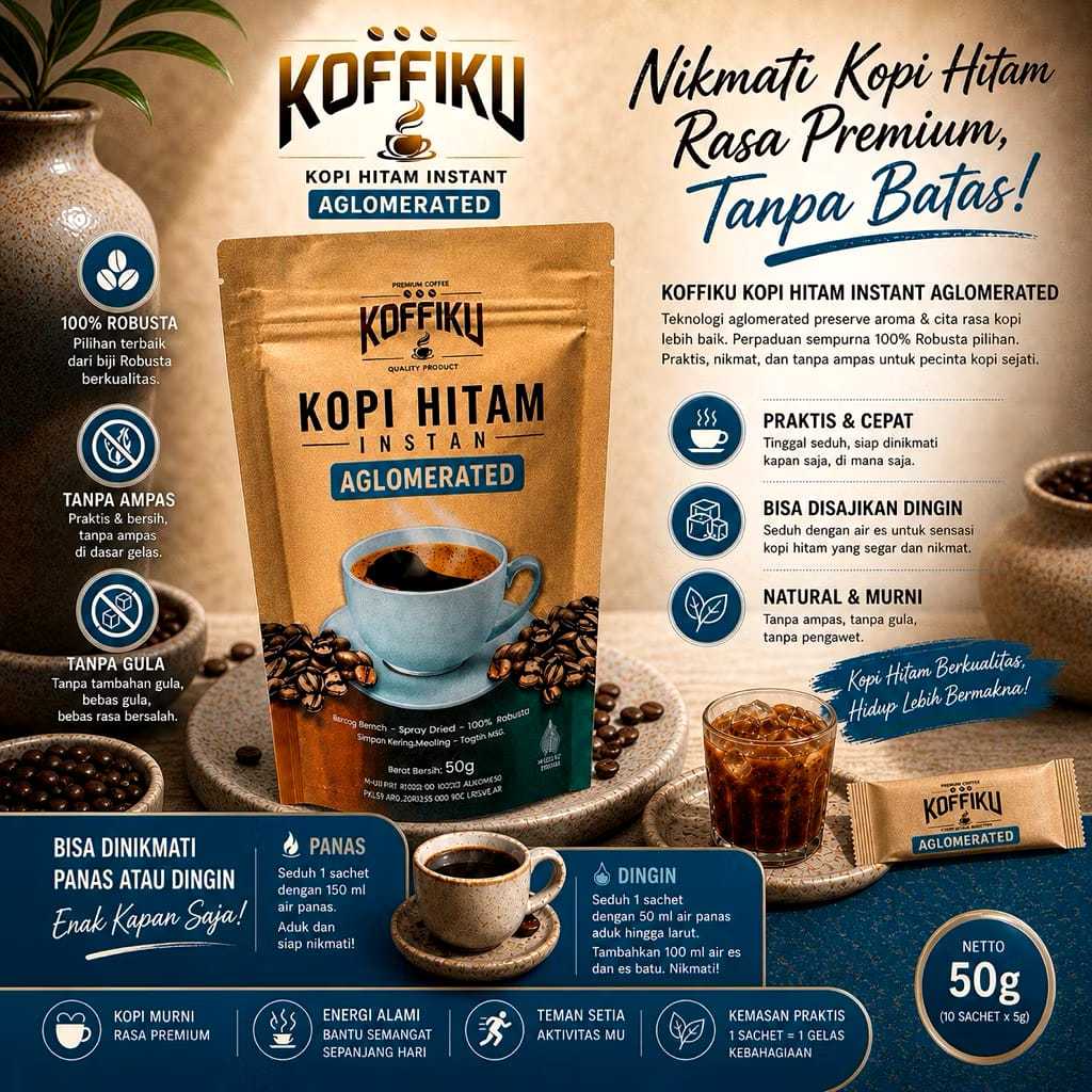 KOFFIKU [AGGLOMERATED] 50gr Kopi Instan Granule Hitam Ribusta Tanpa Ampas & Bebas Gula Praktis / Spr