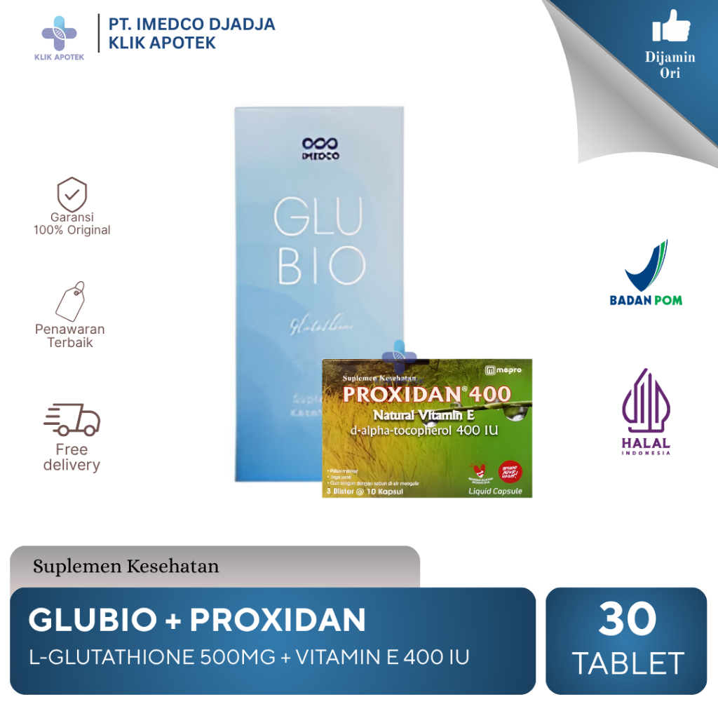 GLUBIO+VITAMIN E | L-GLUTATHION 500MG+VITAMIN E 400IU | SUPLEMEN KESEHATAN PENCERAH KULIT BOX