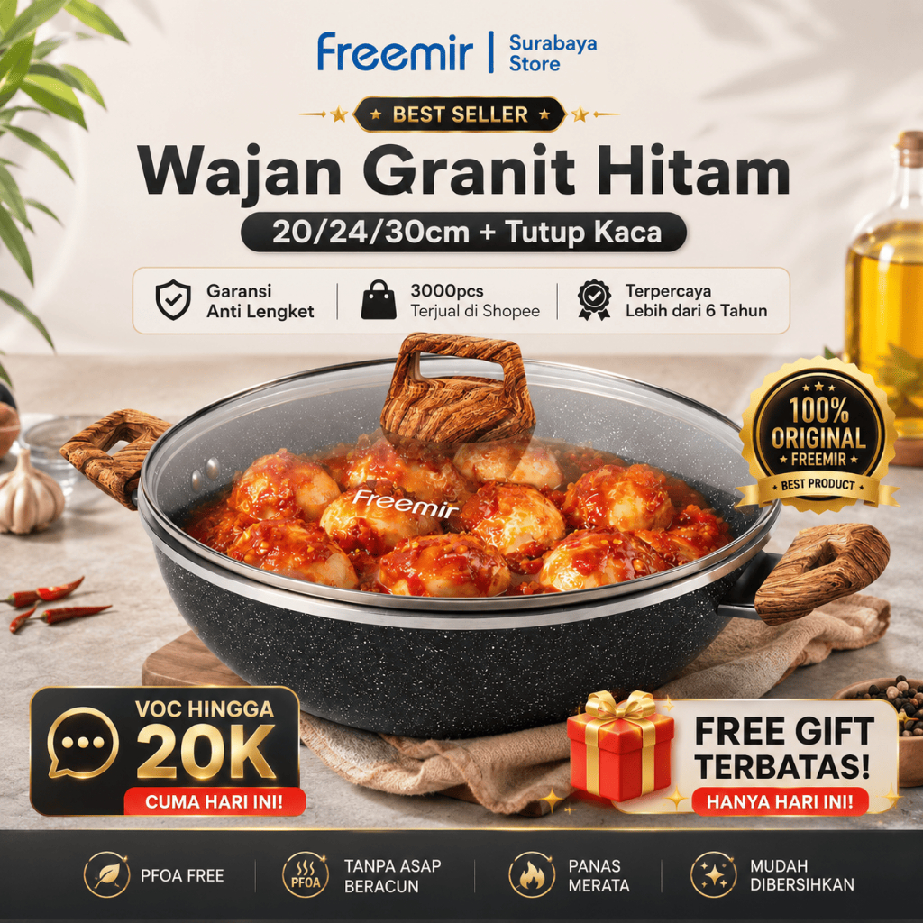 nasq [FREE GIFT] freemir Wajan Kuali Hitam Premium 20/24/30cm Granit Garansi Anti Lengket