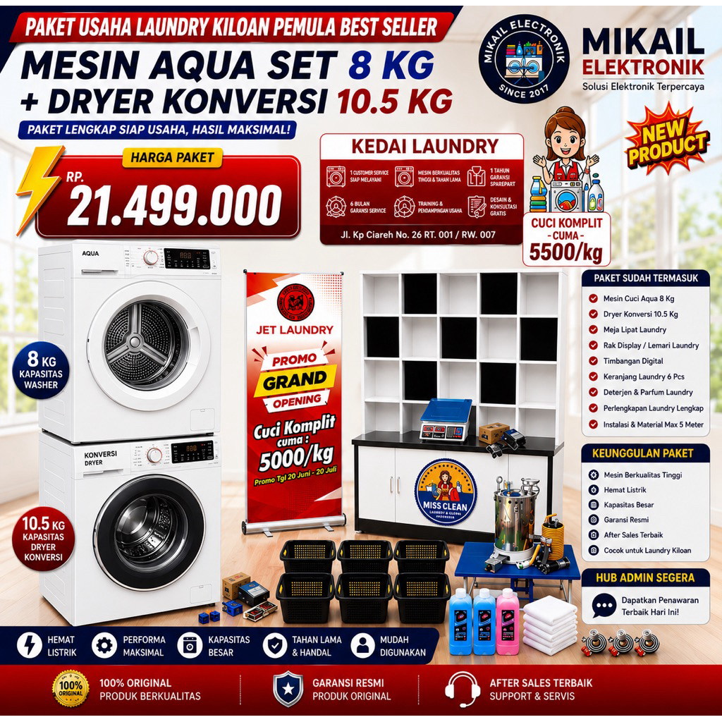 PAKET LAUNDRY KILOAN PEMULA II MESIN CUCI AQUA 8.5 KG DRYER KONVERSI LENGKAP RAK MEJA KASIR LAUNDRY