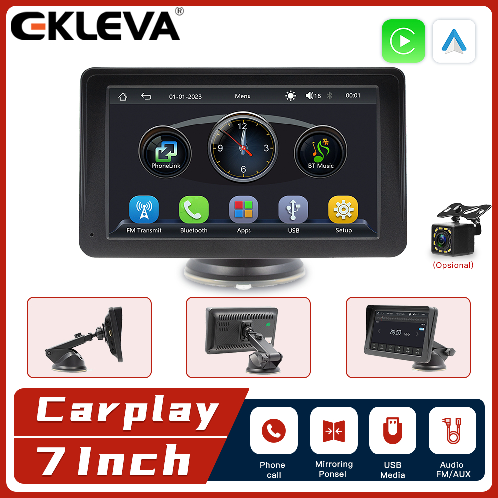 EKLEVA Head Unit Mobil Universal 7 Inci Layar Sentuh Android Auto & Carplay Support Bluetooth Cocok 