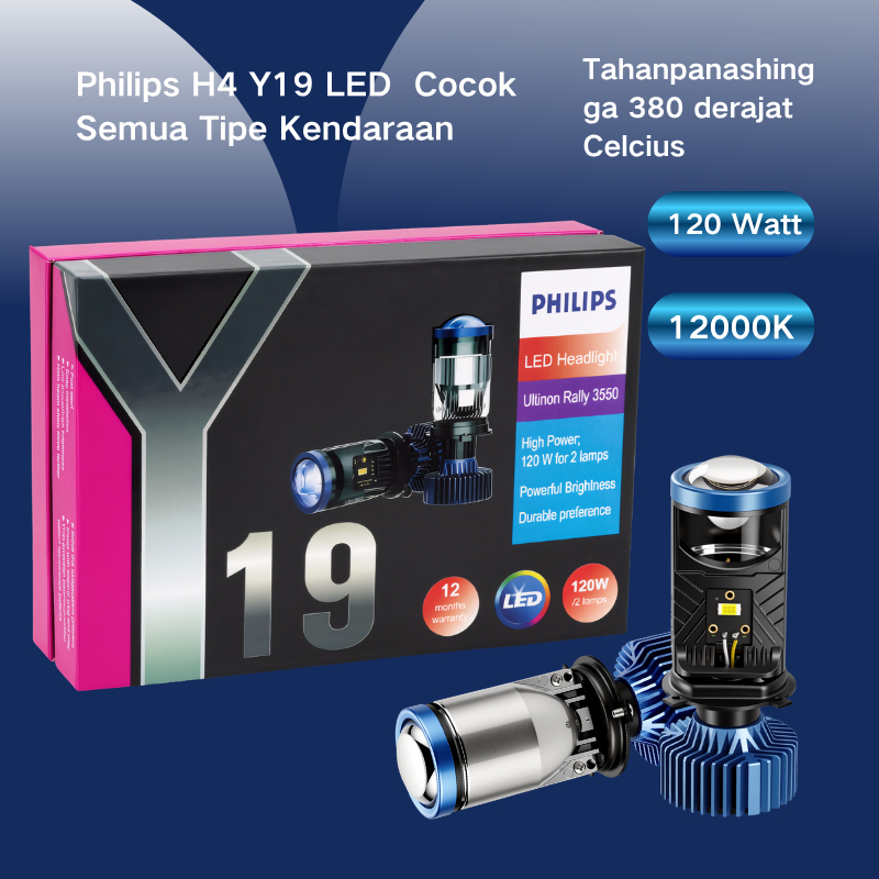 Philips H4 Y19 LED Lampu Mobil 120W 16000 Lumens Putih Dingin 12000K