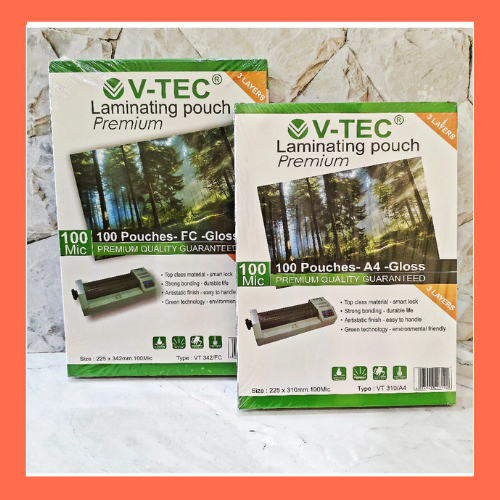 V-TEC Plastik laminating pouch ukuran A4 dan F4 100mic