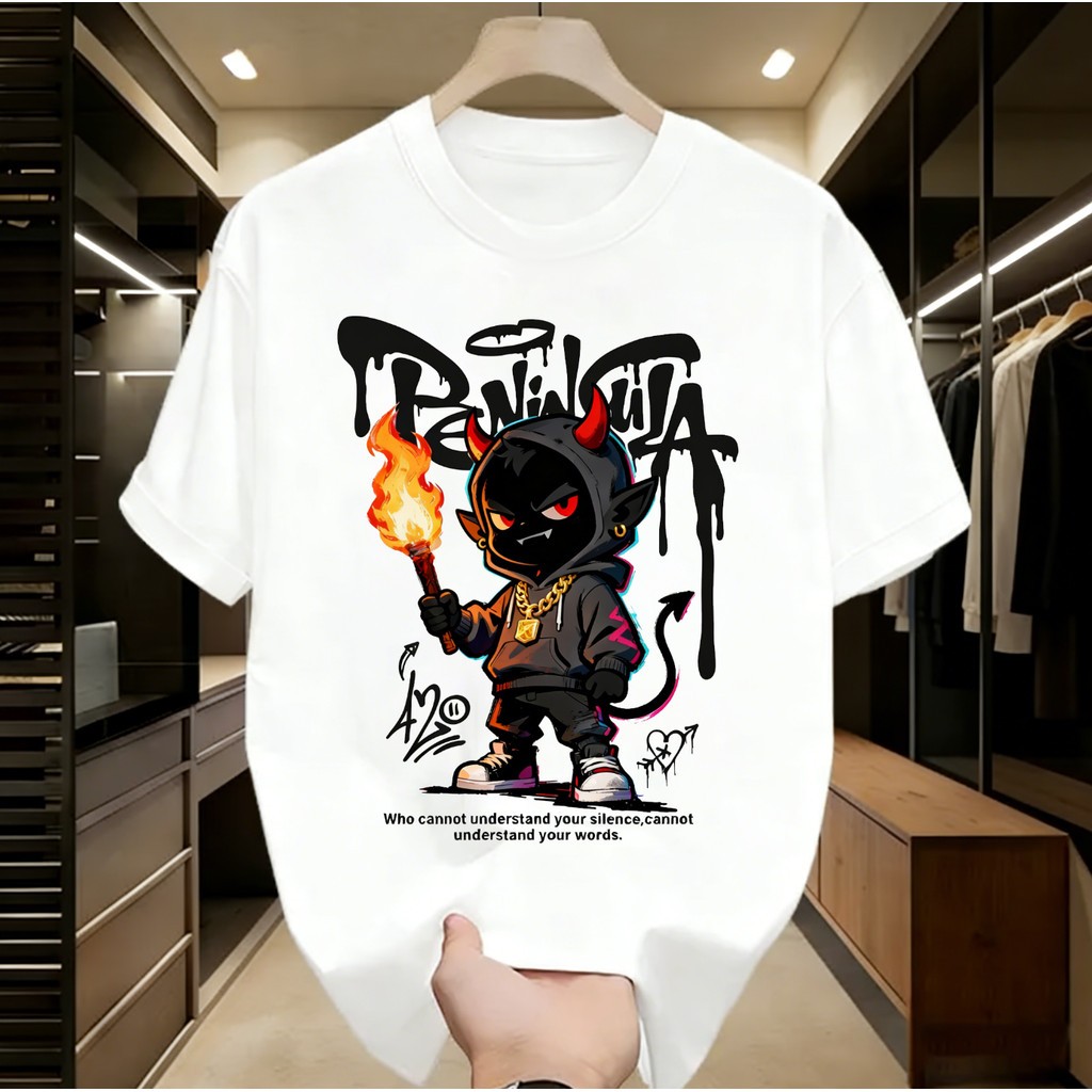Kaos Pria Distro 100% Katun Motif Iblis Api Api Keren Hitam Putih