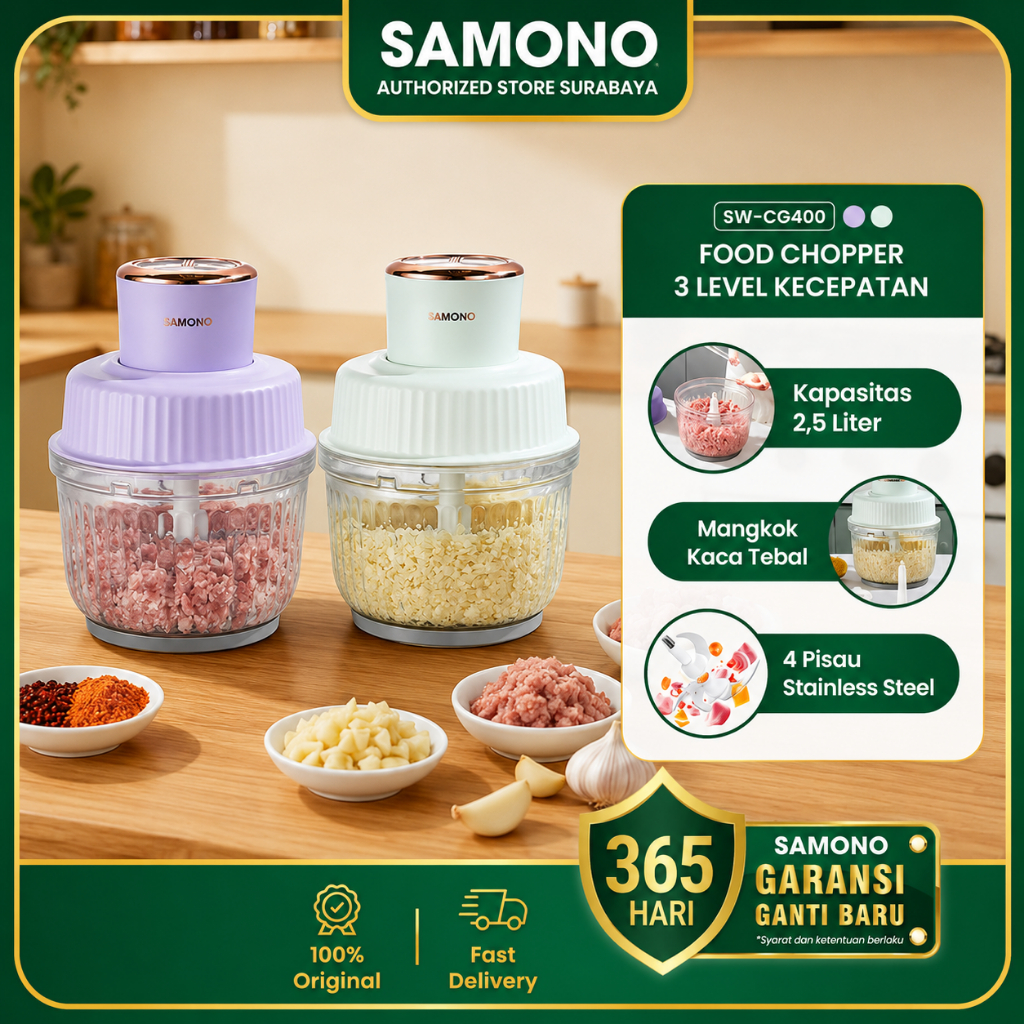 SAMONO Chopper 2,5L Kaca 3 Speed 350 Watt 4 Pisau SW-CG400 Penghalus Penggiling Bumbu Daging MPASI Alat Pelumat Makanan Copper Bawang Choper Serbaguna Cooper Multifungsi Food Processor