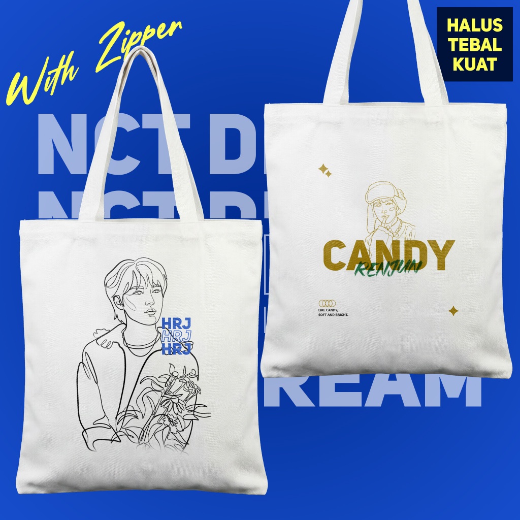 Totebag Tas Zipper/Resleting NCT Dream Huang Renjun - Totebag Fanmade Warna Putih Bahan Canvas Premi