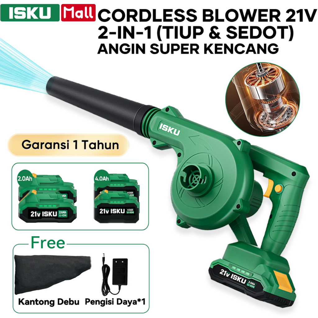 ISKU 21V Blower Baterai 2 in 1 Lithium Portable Blower Cordless Motor Tembaga - Tiup Hisap dan Debu,