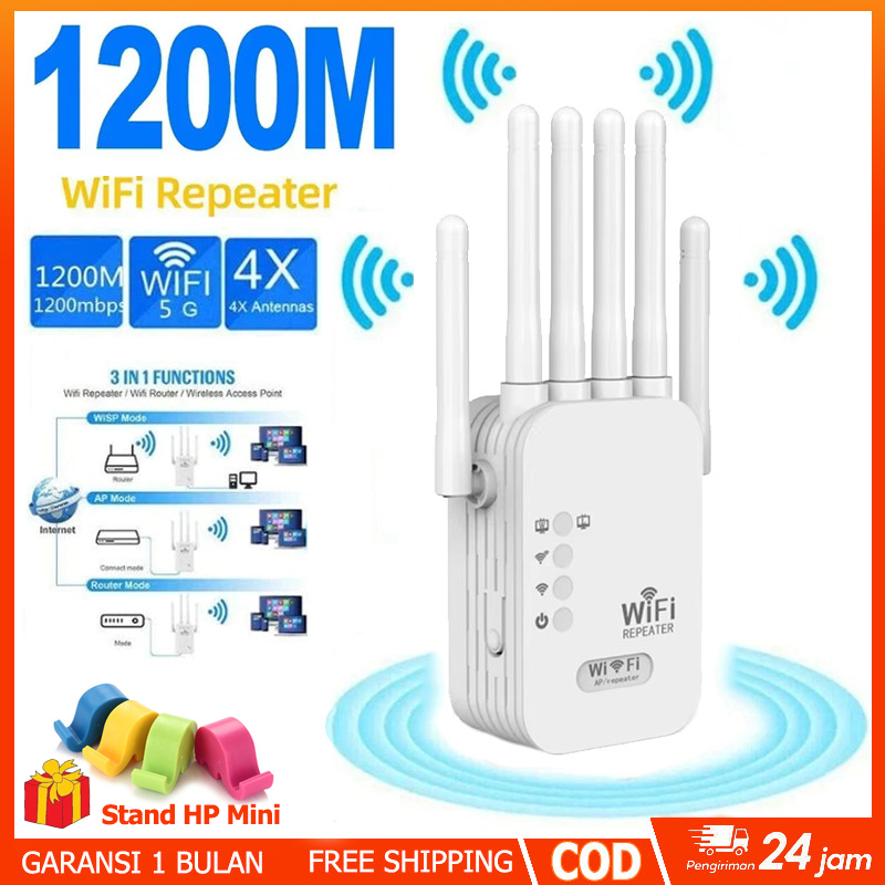(COD) 1200Mbps Penguat Sinyal WIFI Repeater 2.4GHz/5GHz 6 Antena Wireless Wifi Range Extender Router