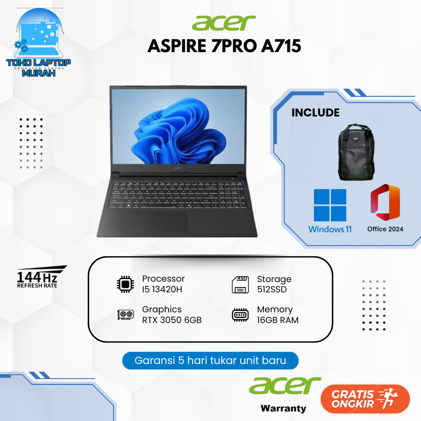 ACER ASPIRE 7PRO A715 RTX 30506GB I5 13420H 16GB 521GB 15.6"  144HZ GARANSI ACER