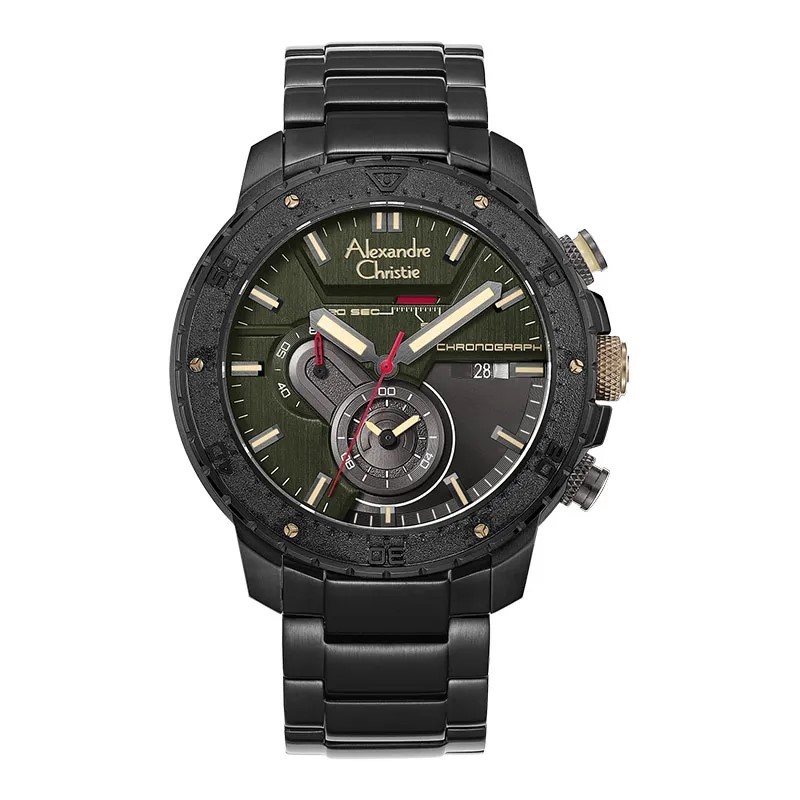 Alexandre Christie AC 6627 MC Jam Tangan pria Chronograph Dual Tone Dial Black Stainless Steel Strap