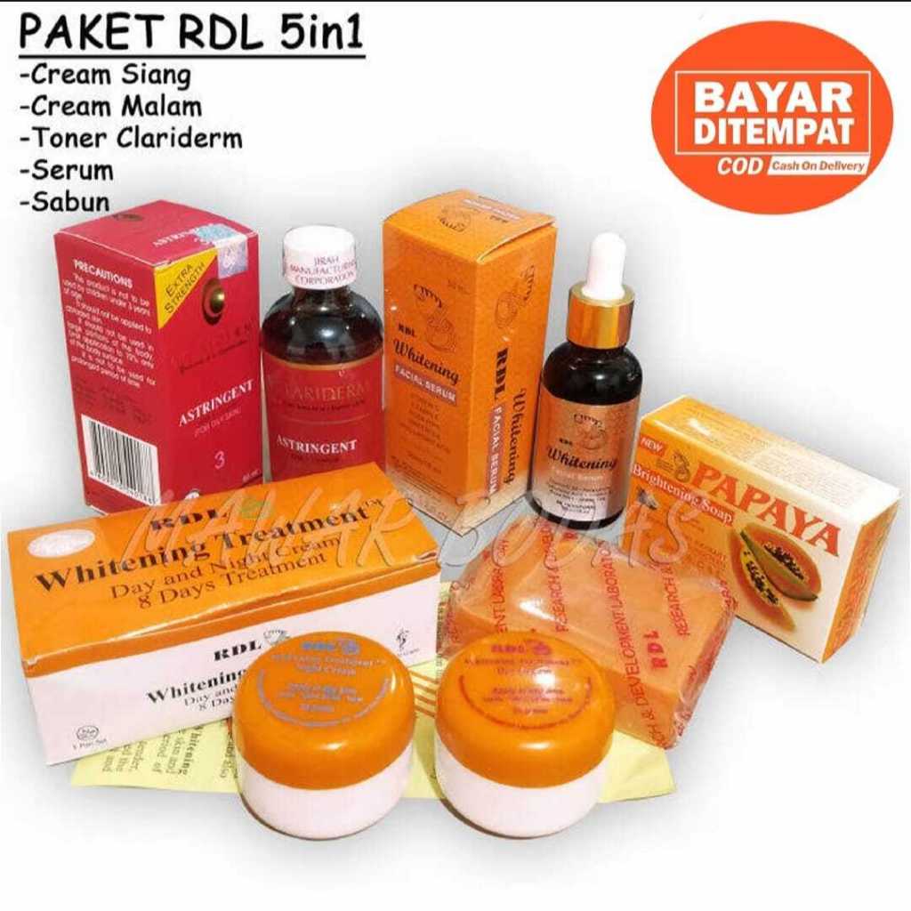 Paket Glowing Wajah 5in1 rdl Cream Siang Malam - Toner - Sabun Papaya - Serum