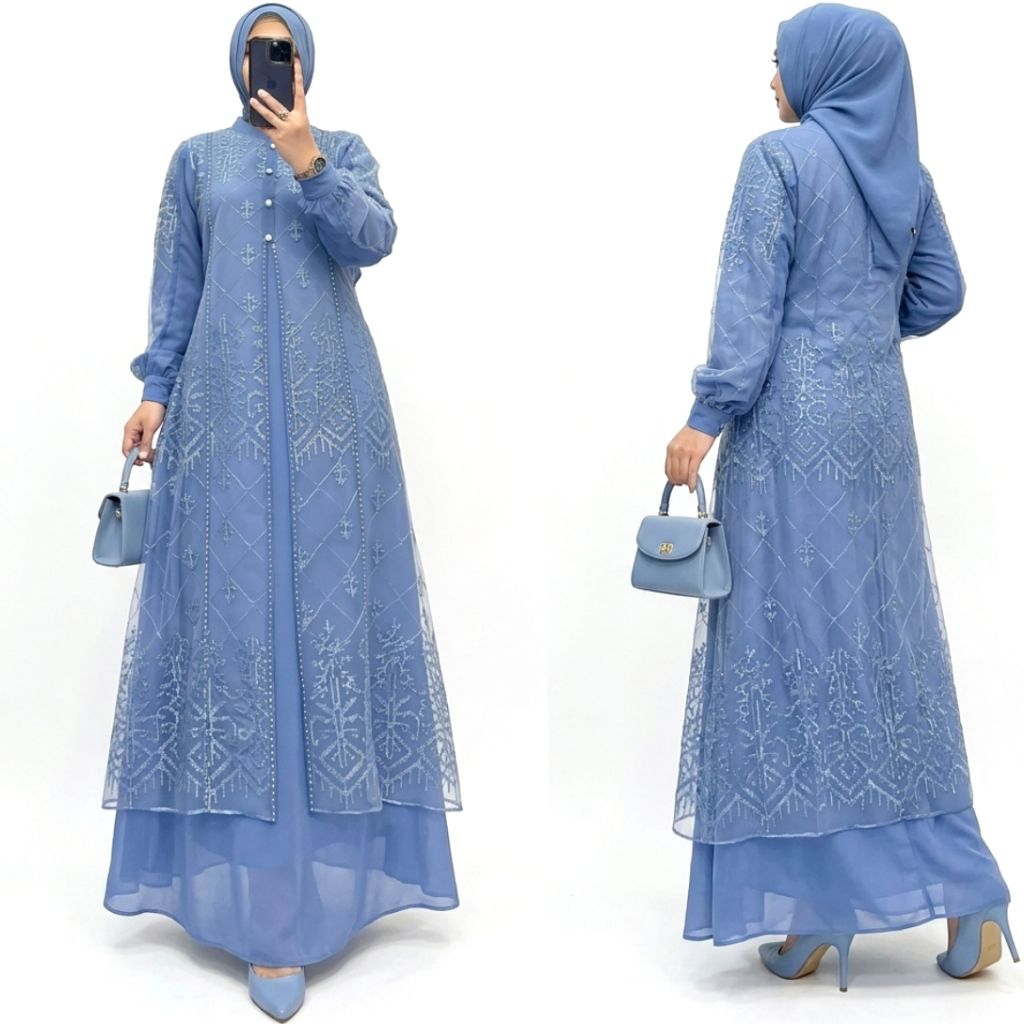 DENARA Dress Gamis Kondangan Busui Frendly Simple Elegan Bahan Ceruty Babydoll Mix Brokat premium pl