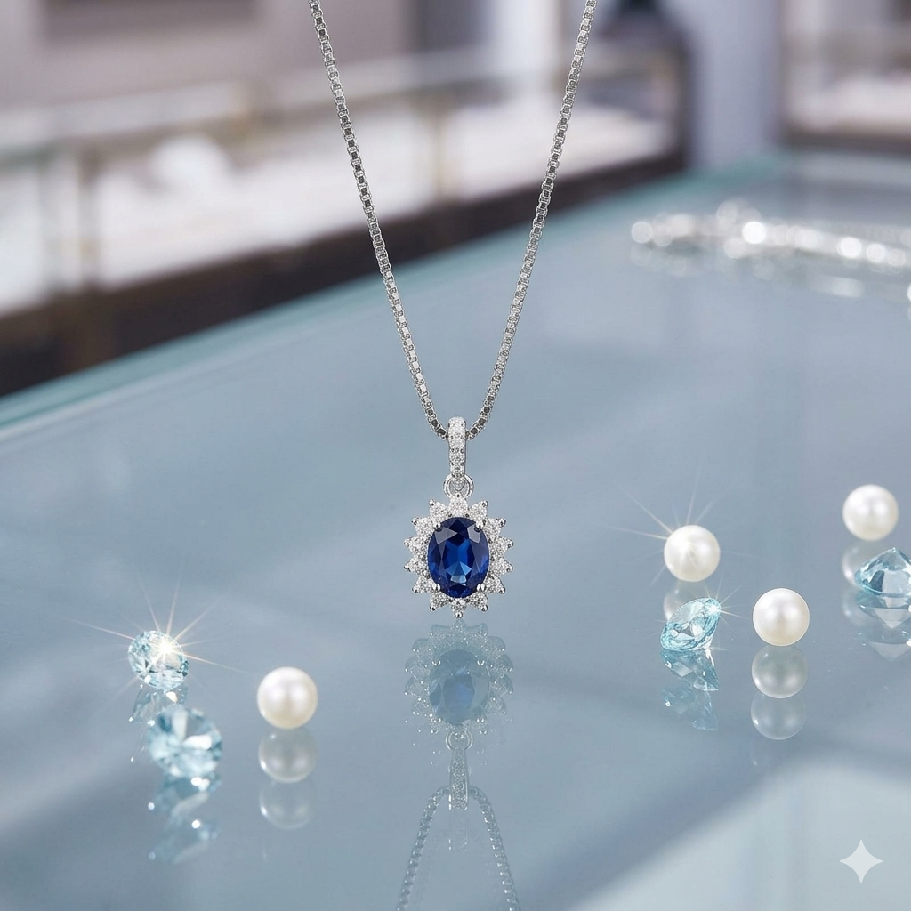 Kalung Swarovski Berlian Biru Wanita Kalung Silver Perak Permata Biru Kalung Blue Safir Saphire Sapp