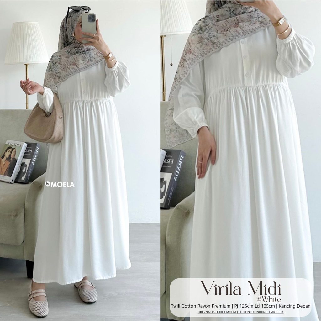 Gamis Midi Dress Busui Polos Katun Rayon Airflow Linen Original Moela & Moca