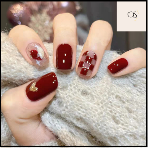 Kuku Palsu (FREE LEM) Warna Merah Maroon Motif Hati Papan Catur Cantik Kuku Nail Art Premium Wisuda 
