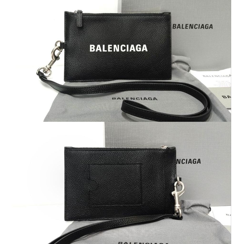 BNIB BALENCIAGA Grained Calfskin cash wallet lanyard Logo ID Zip Holder Black