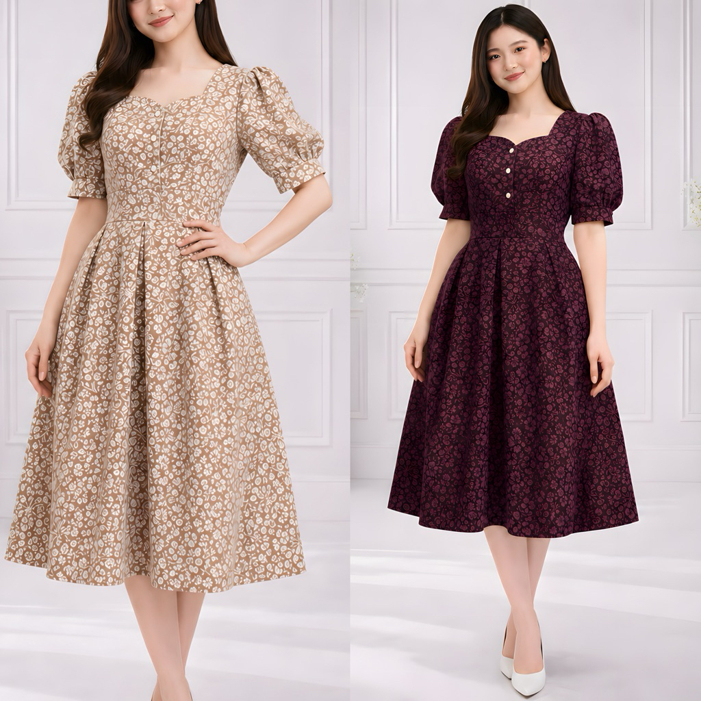 meganshoping JACQUARD EMBOSS Dress Jacquard Emboss Bunga Big Size Kancing Hidup untuk Wanita JACQUAR
