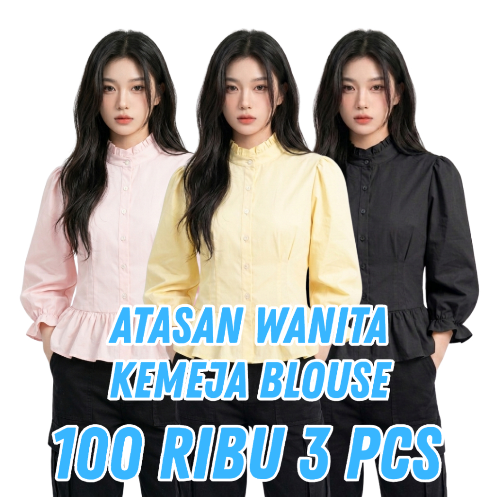 PROMO DISKON 100RB 3PCS ATASAN MEIRA WANITA KERAH REMPEL LENGAN BALON BAHAN KATUN POLO LINEN PREMIUM
