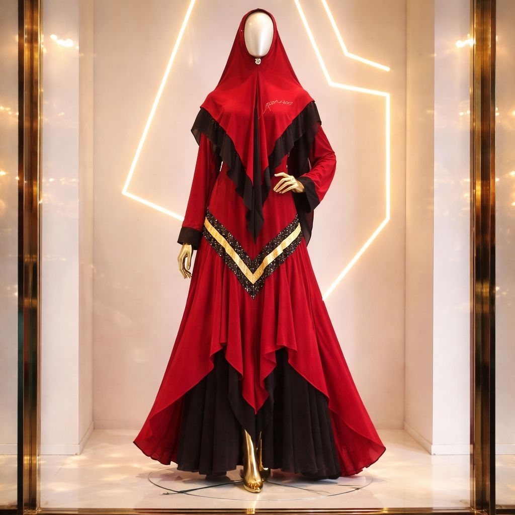 Set Gamis Syari Zena Syari Merah Maroon Ceruty Babydoll Premium Sequin Khimar Double Layer
