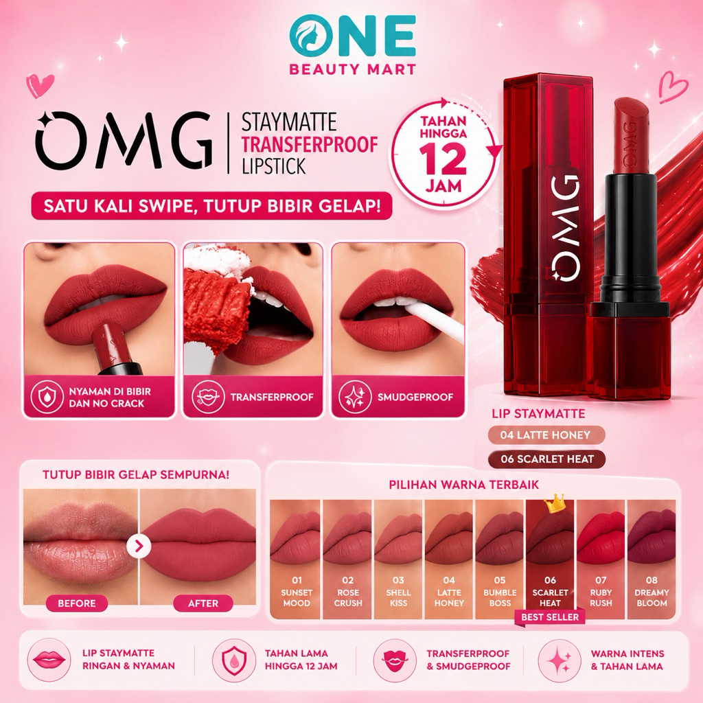 OMG OH MY GLAM Staymatte Transferproof Lipstick - Lipstik Tahan Lama Hingga 12 Jam - Warna Pigmented
