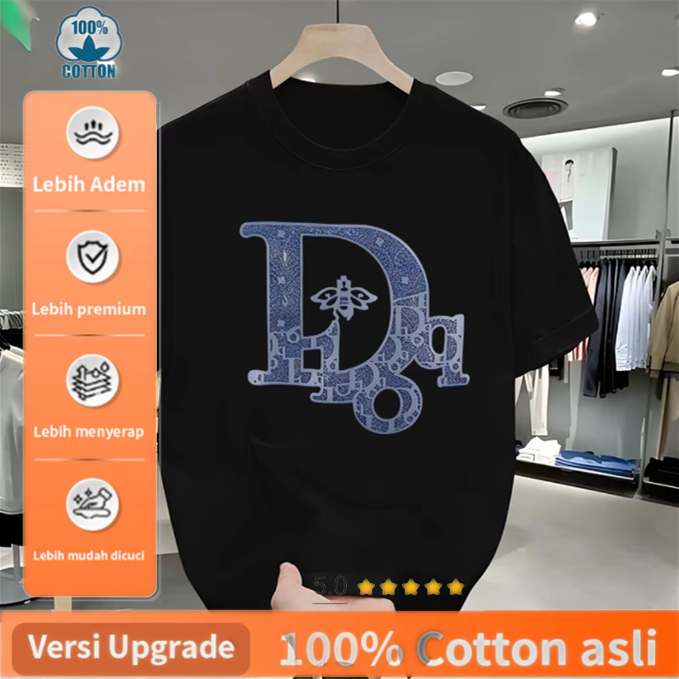 Kaos Hitam Motif Huruf Dior Biru dengan Lebah - 100% Katun Premium Adem Nyaman