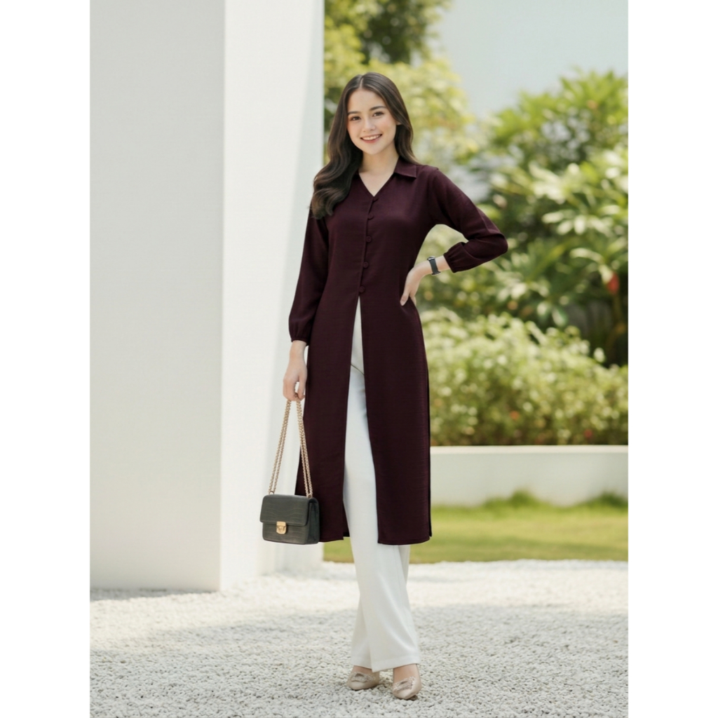 Long Tunic Dress Outer Premium Wanita Bahan Katun Crinkle Tebal Leher Berkerah