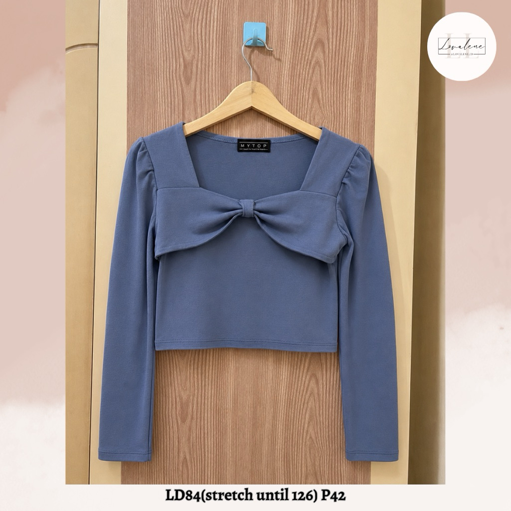 Blouse Blue Lilac Purple Long Sleeves Bow Pita Lengan Panjang Wanita Perempuan Kaos Bowtie Knot Long