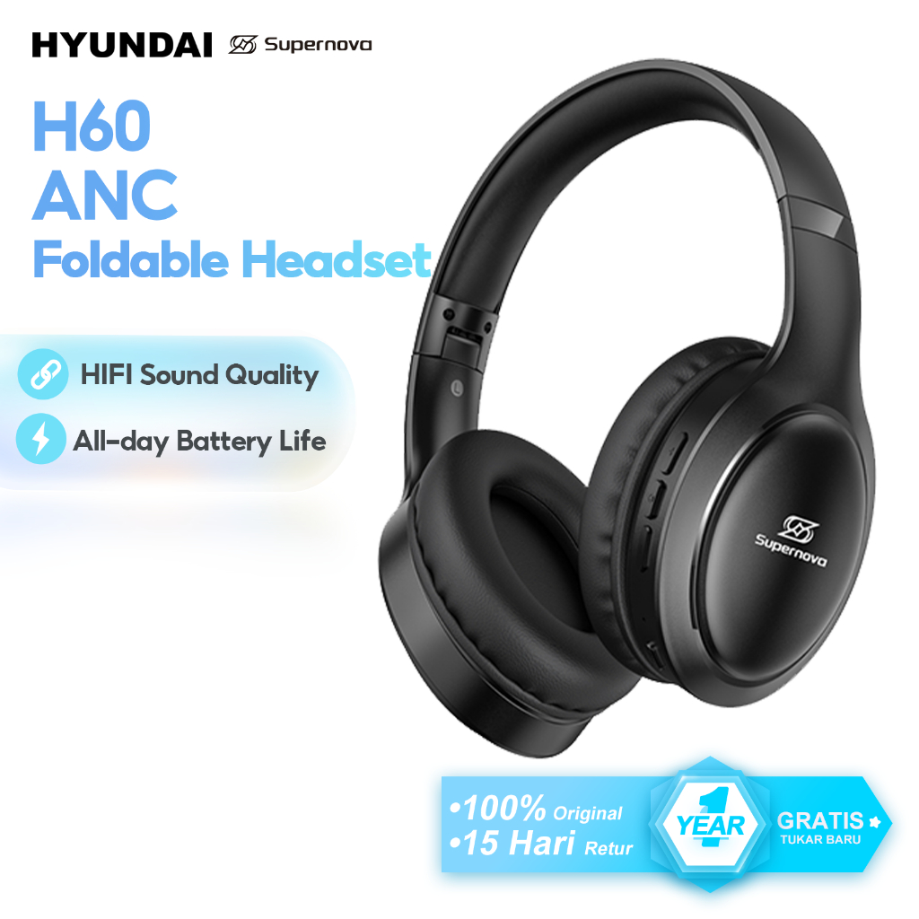 Hyundai X Supernova H60 ANC Foldable Stereo Earphones Wireless Bluetooth Headphone Super Bass Noise 
