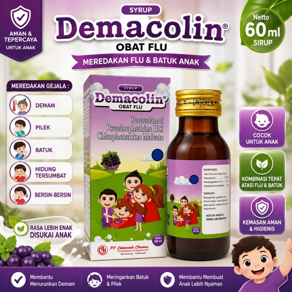 Demacolin Syrup Flu & Batuk Anak 60ml | Obat Flu Anak Batuk Pilek Demam Hidung Tersumbat