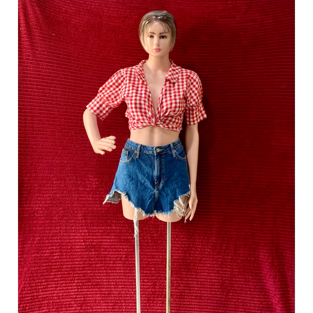 WRAP TOP ATASAN BLOUSE WANITA KOTAK MERAH | OUTER  KOREAN STYLE LILIT CANTIK | OUTFIT PICNIC PANTAI 