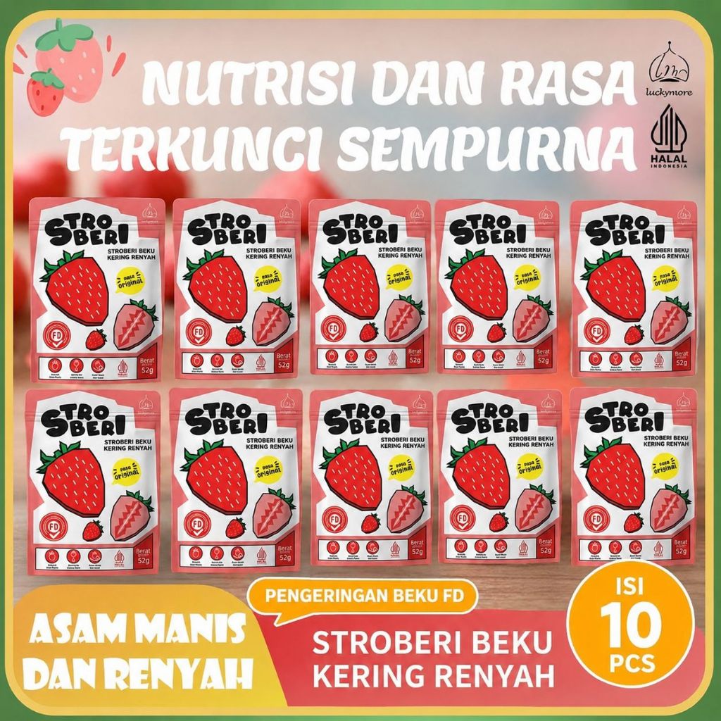 Stroberi Beku Kering Renyah Isi 10 PCS | Freeze Dried Strawberry Crispy Snack Halal Cemilan Sehat