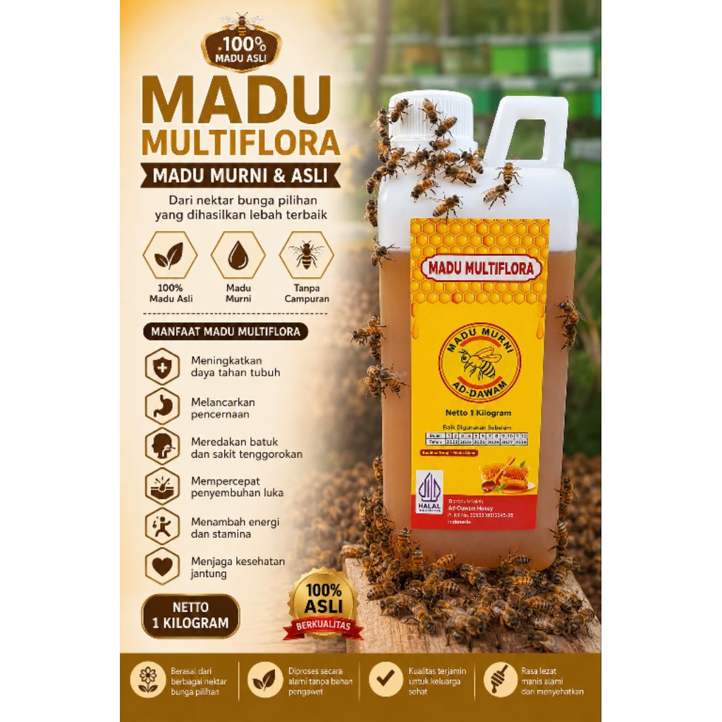 Madu Multiflora 1 KG Madu murni asli terjamin bersertifikat halal BPJH,BPOM PIRT,ber NIB | Addawam R