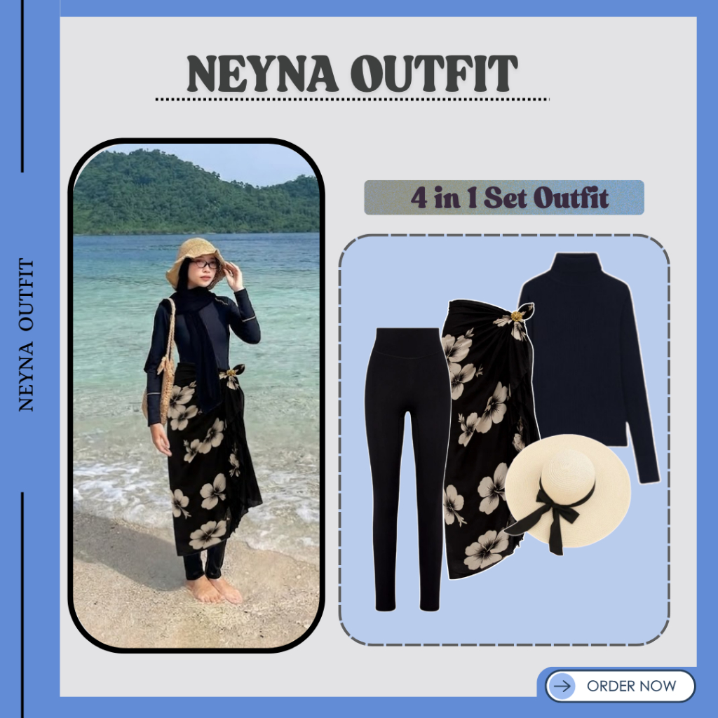 OneSet Lebaran Wanita Kekinian 2026 (Manset - Selendang Bali - Legging - Topi Pantai) Setelan Neyna 