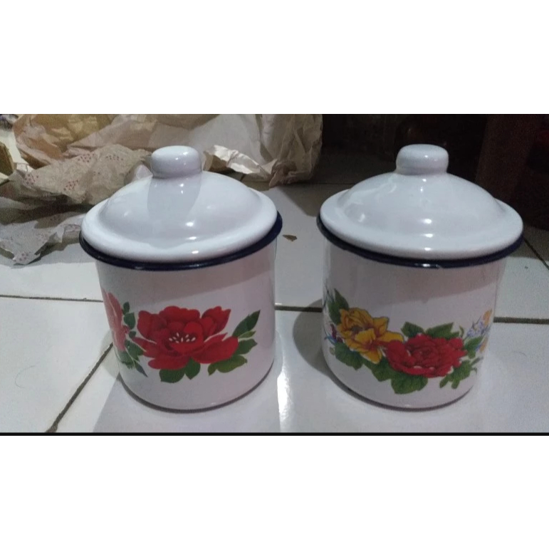 TERLARIS!!! MUG SENG ENAMEL  MOTIF KEMBANG PLUS TUTUP 8 CM