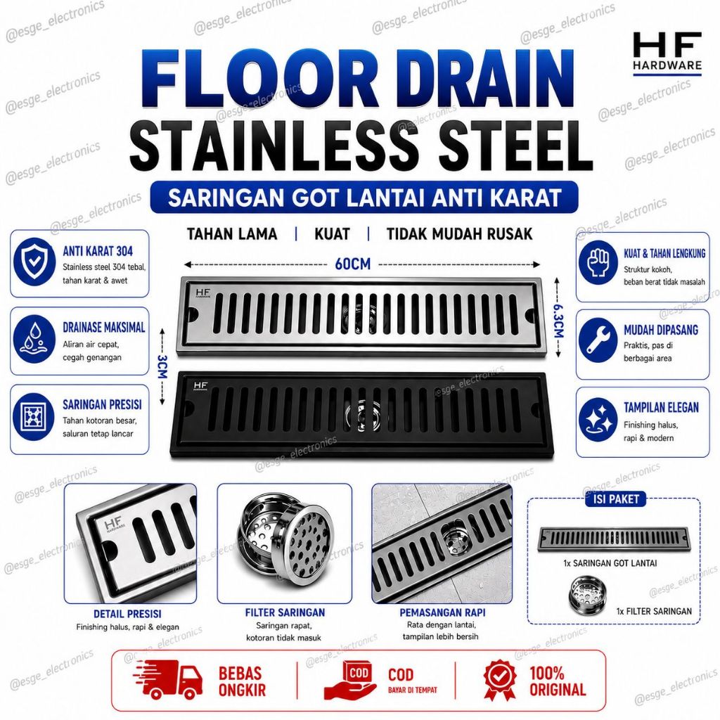 ORIGINAL SARINGAN GOT PANJANG KUALITAS JAMIN PREMIUM HF 60CM STAINLESS STEEL ANTI KARAT FLOOR DRAIN
