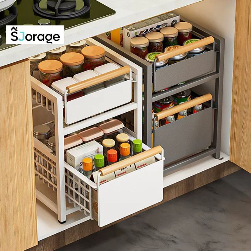 SJORAGE Rak Tarik Bawah Wastafel 2 Tingkat Tanpa Perakitan Rak Dapur Organizer Laci Geser Putih Kayu