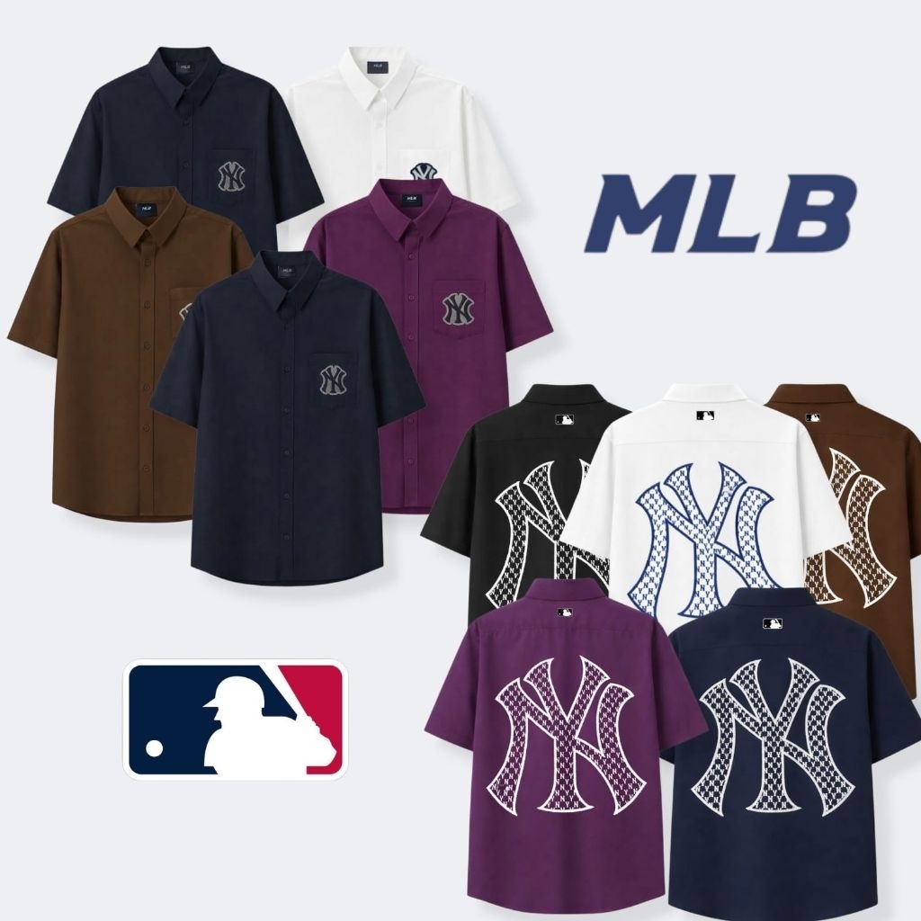 MLB Kemeja Pria Kasual Lengan Pendek Bordir Semi Oversized