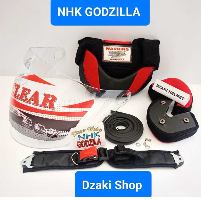 PAKET SPAREPART HELM NHK GODZILLA. BUSA HELM NHK GODZILLA + KACA HELM NHK GODZILLA + TALI HELM PLUS 