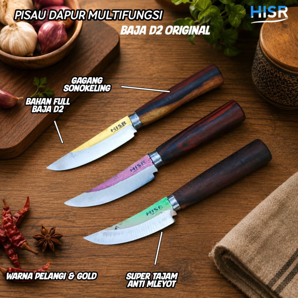 Pisau dapur multifungsi baja d2 pelangi & gold super tajam