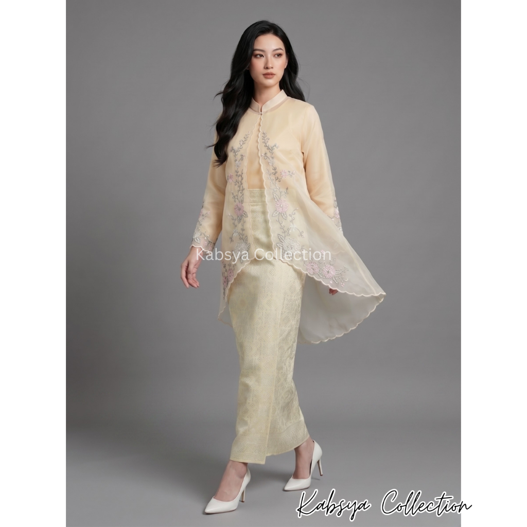 Set Kebaya Kurung Organza Model Outer / Sulam Bunga Premium dan Selendang Organza / Baju Tunik Organ
