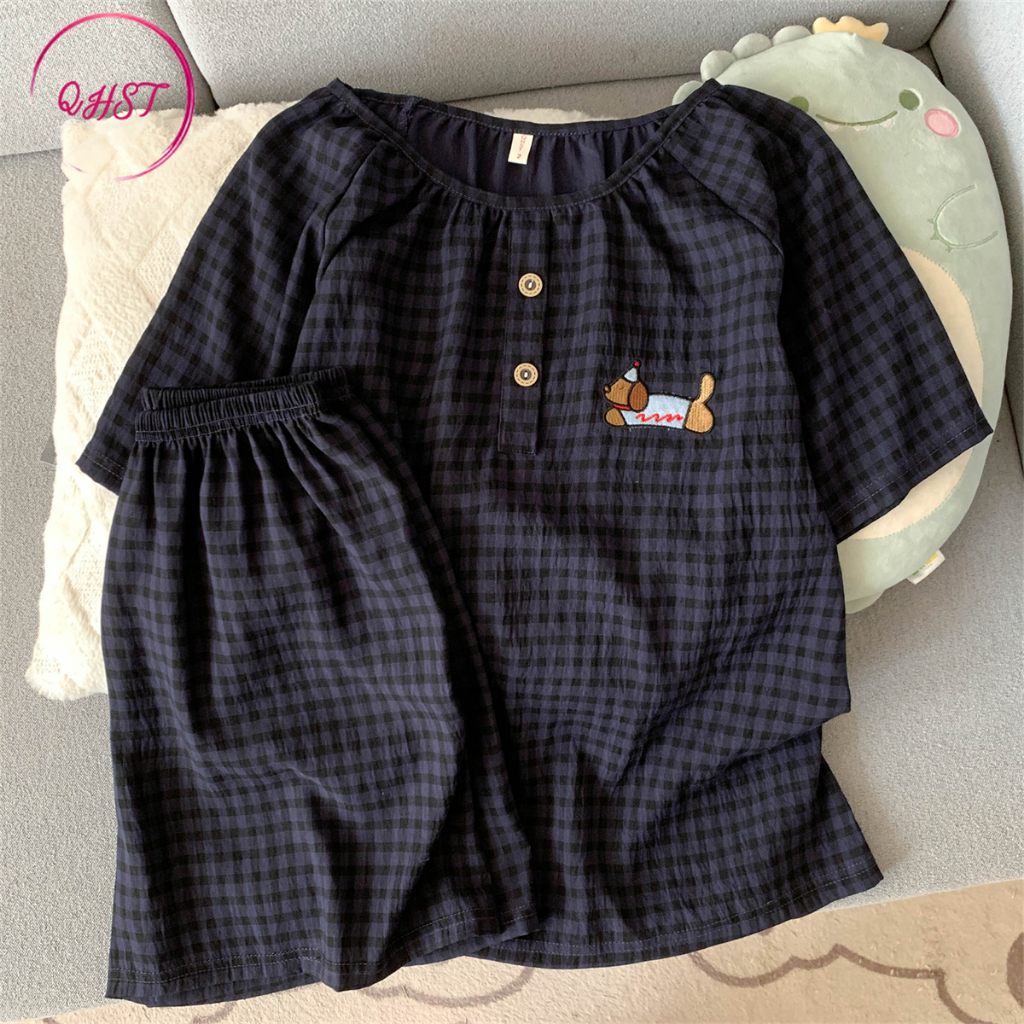 QHST Piyama Set Wanita Satin Y-Anak Anjing Natal Celana Pendek Lengan Pendek Baju Tidur Import