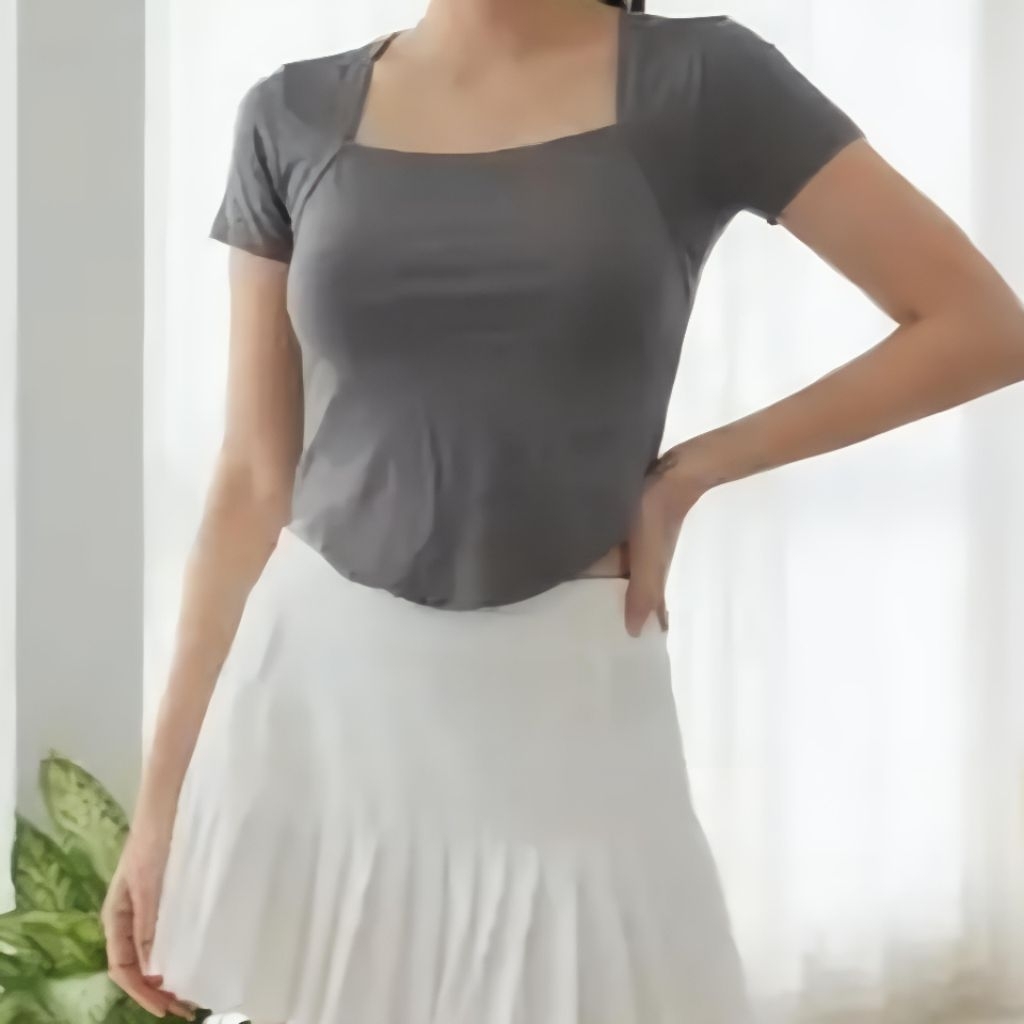 DeC 6032, Crop Top Wanita, Korean Style Slim Fit Ujung Lengkung Korean Style Lengan Pendek Leher Kot