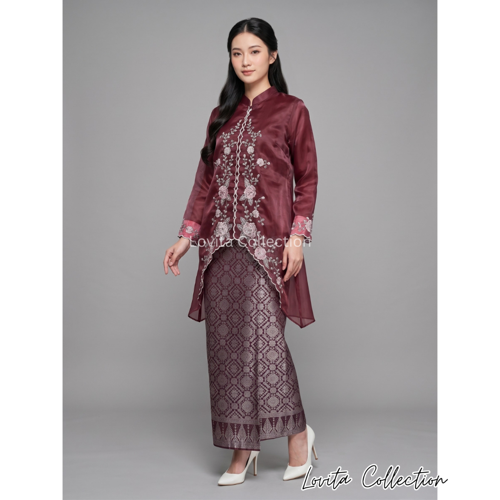 Set Kebaya Kurung Organza Model Outer / Sulam Bunga Premium dan Selendang Organza / Baju Tunik Organ