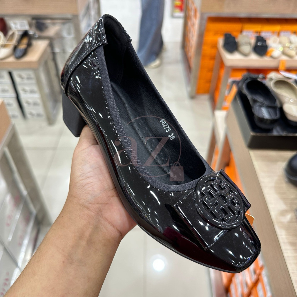St. Moritz sepatu fantofel sekolah kerja hak tahu 5cm wanita shoes hitam glossy berkilau