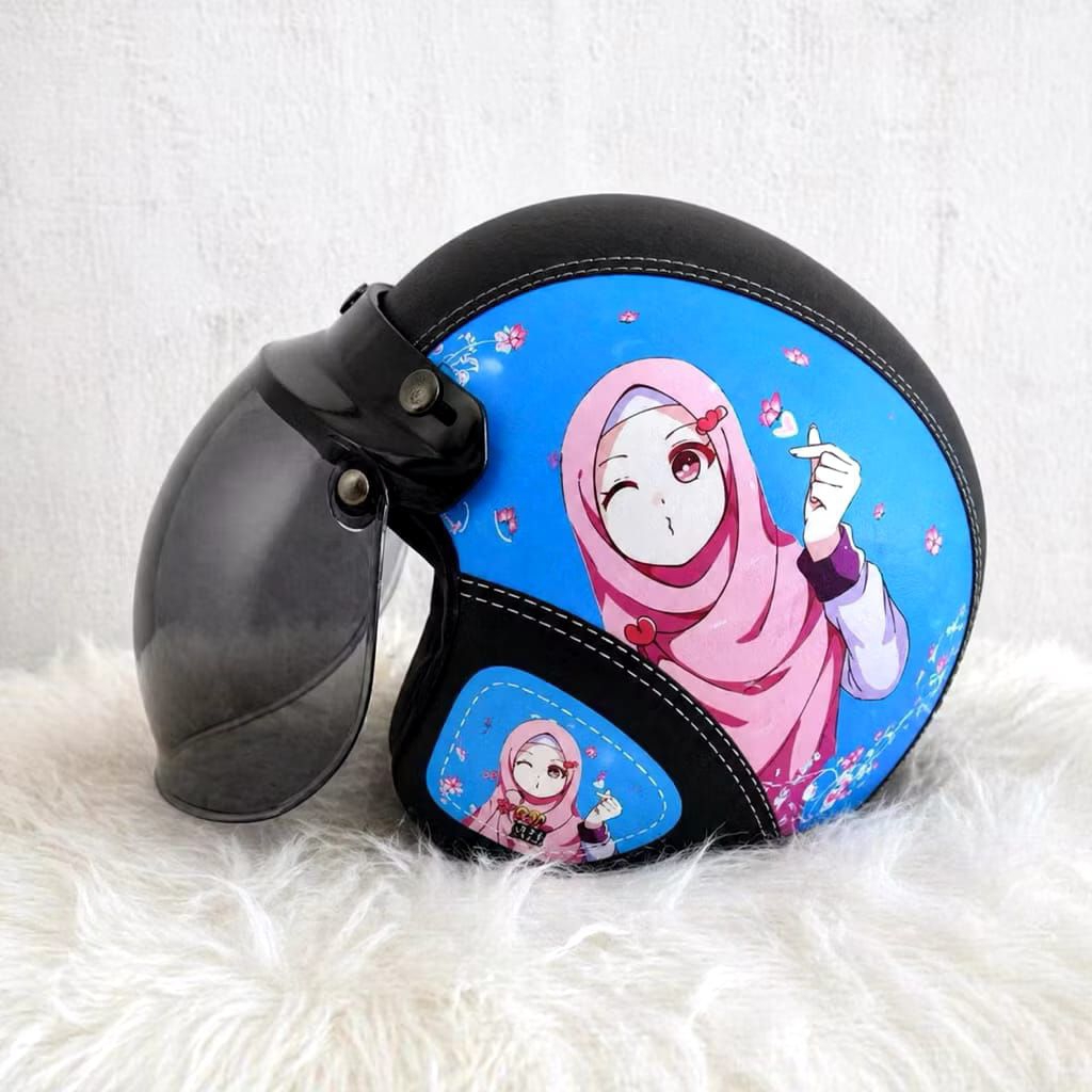 Helm Bogo Dewasa Motif Hijab Biru SNI - Kulit Free Kaca