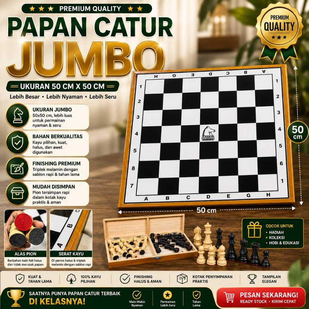 Catur Kayu Premium Ukuran 50cm - Papan Catur + Bidak