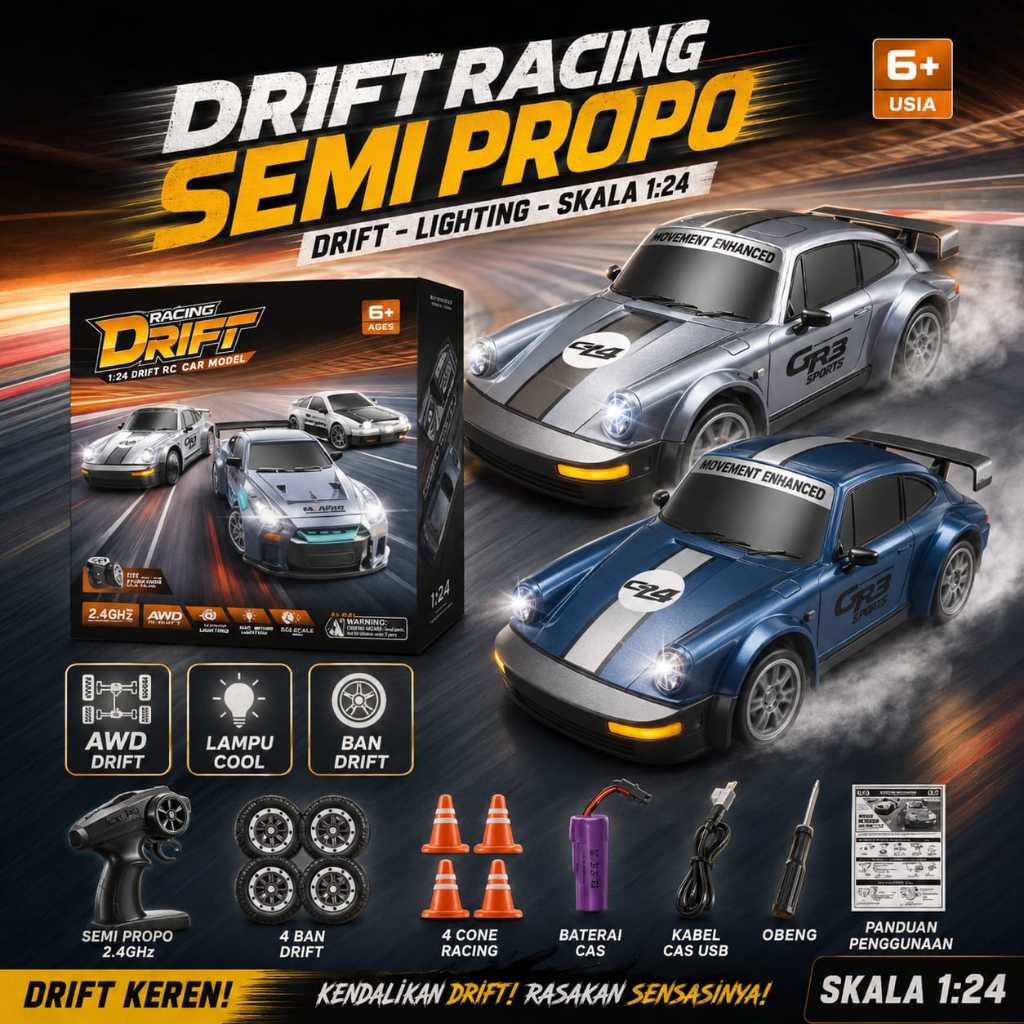Mobil RC Drift 4WD Skala 1:24 Semi Propo dengan Baterai Isi Ulang