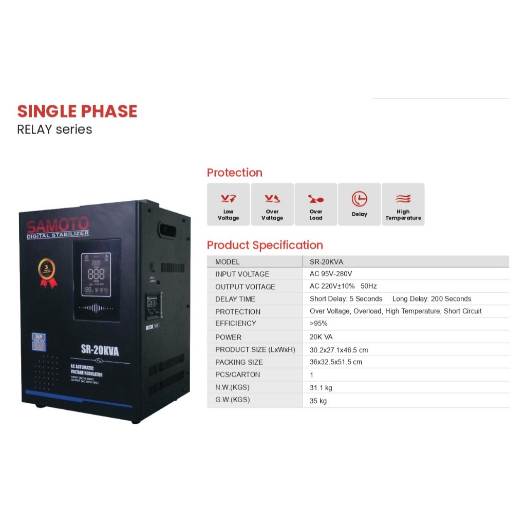 Stabilizer SAMOTO SR20KVA Relay 20000VA 20KVA Stabiliser Listrik AVR