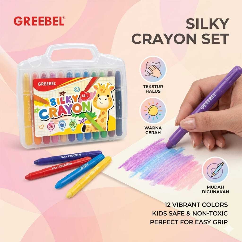 SILKY CRAYON GREEBEL 12C / SILKY CRAYON HALUS GREEBEL / CRAYON SILKY 12 WARNA (PCS)