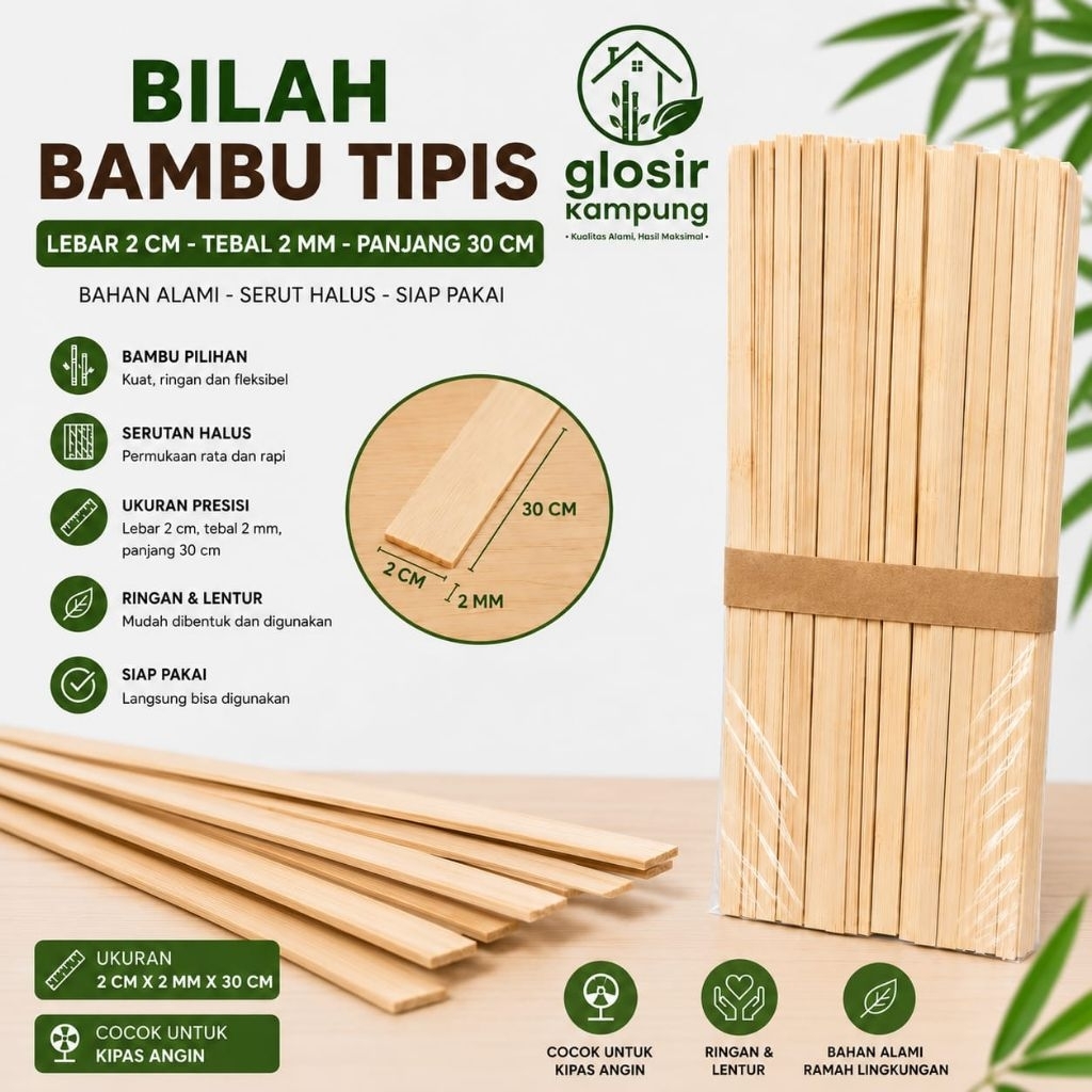 Bilah bambu tipis 2cm × 2mm × 30cm serut halus bambu petung untuk kipas angin kerajinan & DIY